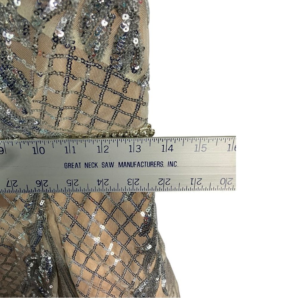 Mac‎ Duggal Beaded Nude Silver Dress 4 Art Deco Midi V Neck Gala 67533 - Picture 9 of 16